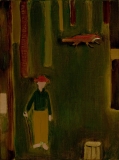 Man with Staff and Fox, oil on linen panel, 12in x 9in, 2024